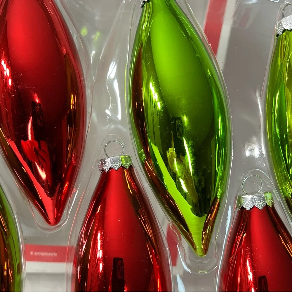 Target 2010 Super Shiny Torpedo or Teardrop Glass 6 Christmas Tree Ornaments